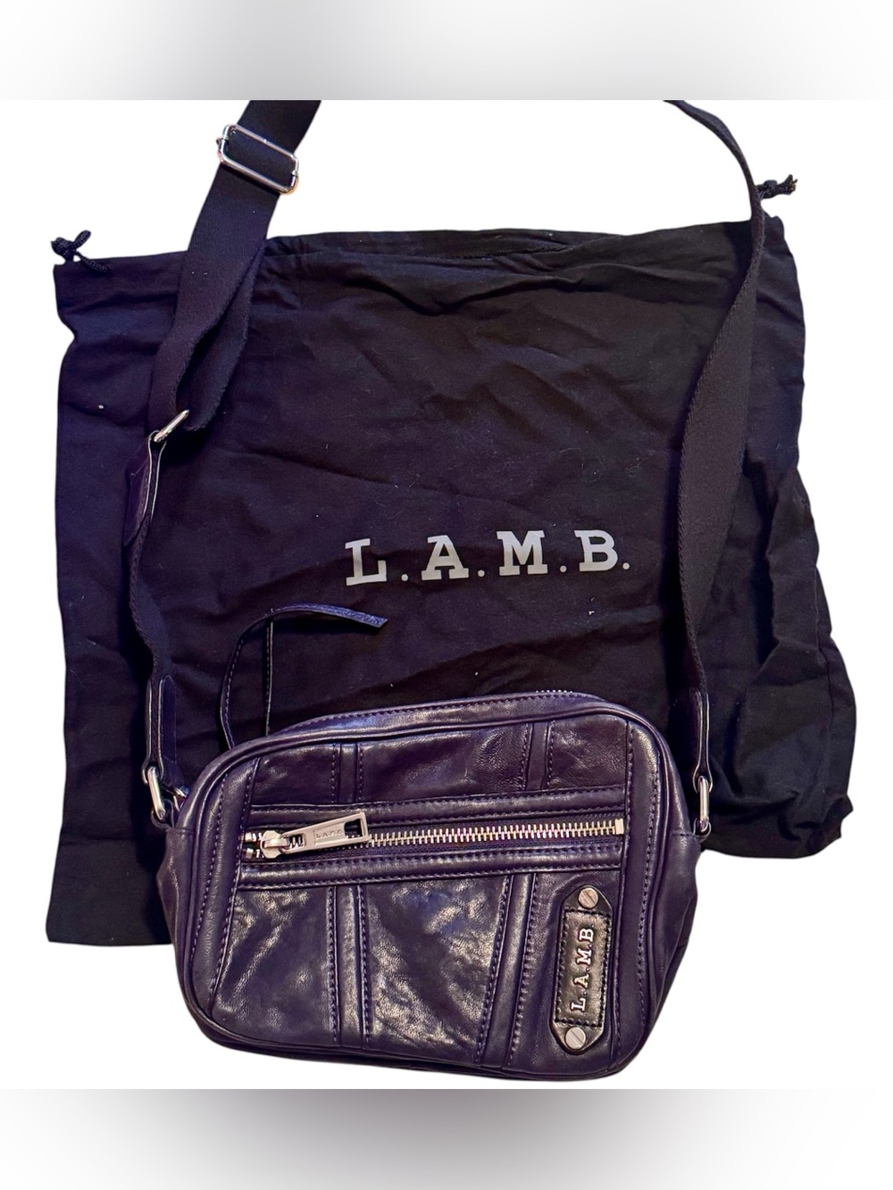 L.A.M.B. Vintage Small Leather Crossbody in Navy Blue with Silver Hardware